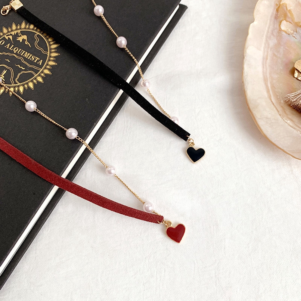 Wild Cute Heart Pendant Velvet Belt Pearl Short Necklace Neck Strap Clavicular Chain Women