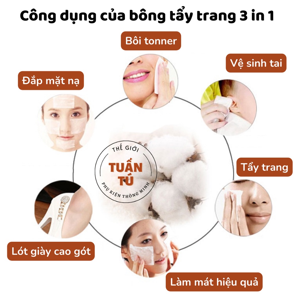 Hộp Bông Tẩy Trang 3 in 1 Cotton 100% Mềm Mịn Hộp 320 Miếng Tẩy Trang, Trang Điểm, Đắp Mặt Nạ - Tuấn Tú Office Store