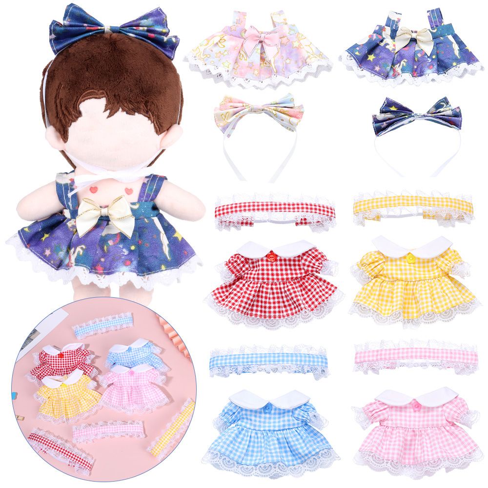 LUOLV Gift Idol Dolls Accessories Changing Dressing Game Cotton Stuffed 20CM Doll Clothes Playing House Cartoon Pattern Outfit Skirt Shirt Headband Toy Plaid Dress