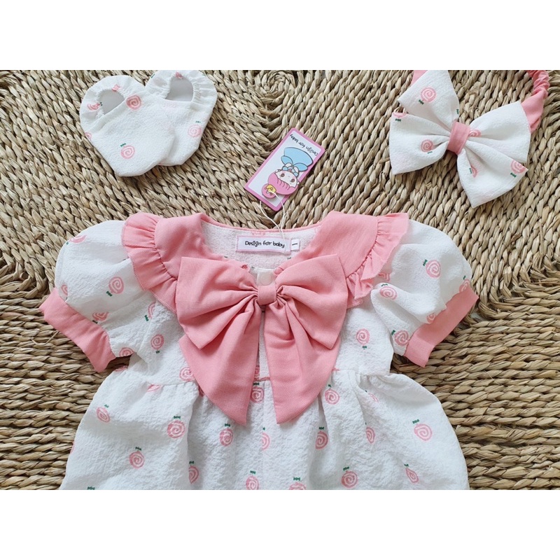 Bodysuit Cà Rốt Nơ Hồng Cho Bé Gái Sơ Sinh 0-12 Tháng Kèm Turban,Tất Chân,Bodysuit Thiết Kế, Quà Đầy Tháng, Đầm Thôi Nôi