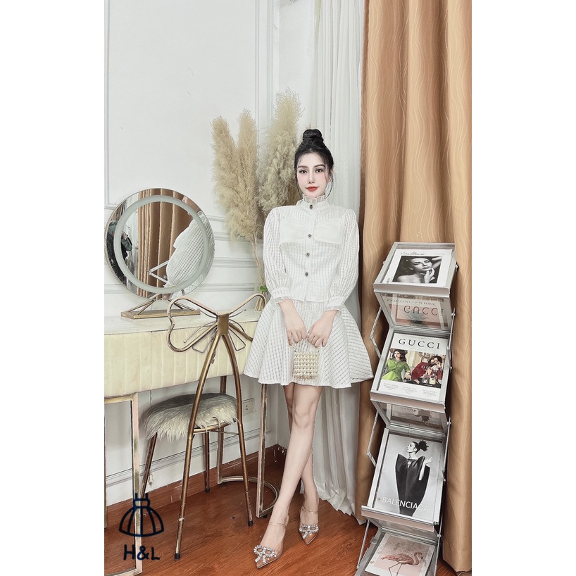 Set áo sơ mi cổ tàu dài tay mix chân váy xòe ngắn đi tiệc, đi chơi, đi cafe siêu xinh