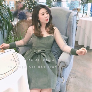 Đầm da lộn tay lưới