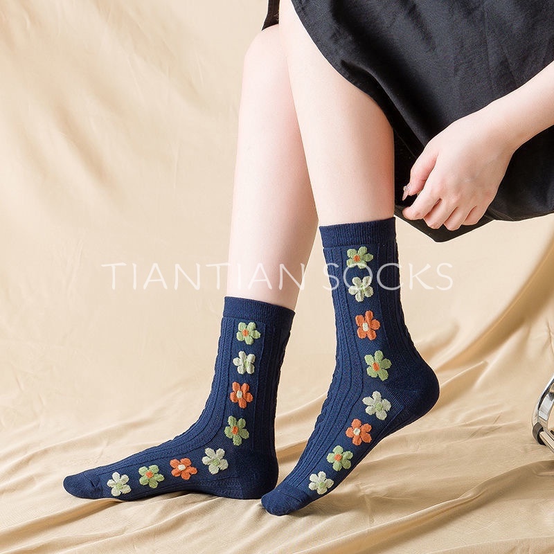 TIAN TIAN T133 Vớ  nữ cổ cao Tất Cotton Cổ Vừa In Họa Tiết Hoa Nhiều Màu Sắc Phong Cách Hàn Quốc  Thời Trang Thu Đông Dễ Thương