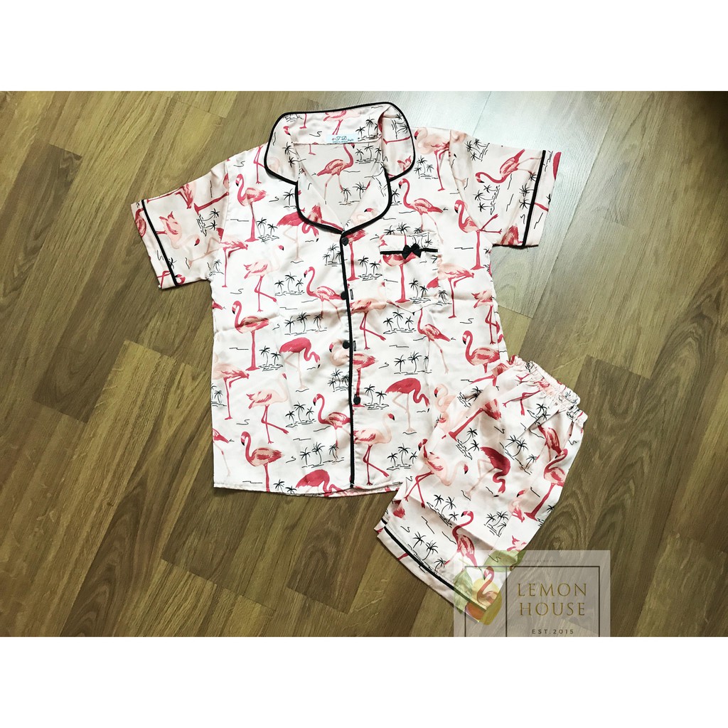 Bộ đồ ngủ pijama lụa satin tay cộc quần cộc full viền, họa tiết đẹp