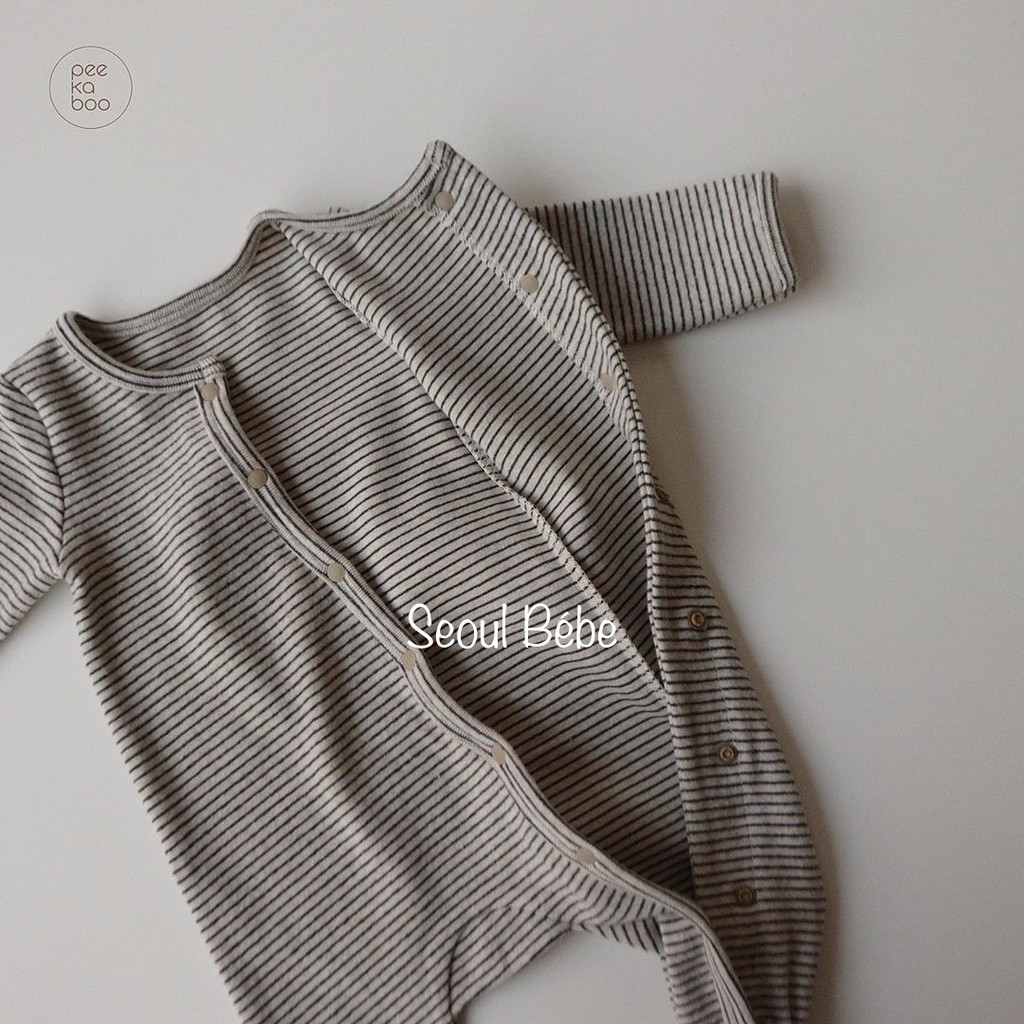 Set jumpsuit liền bàn kèm mũ bông bộ kẻ Tata Peekaboo thu đông cho bé 3-11kg