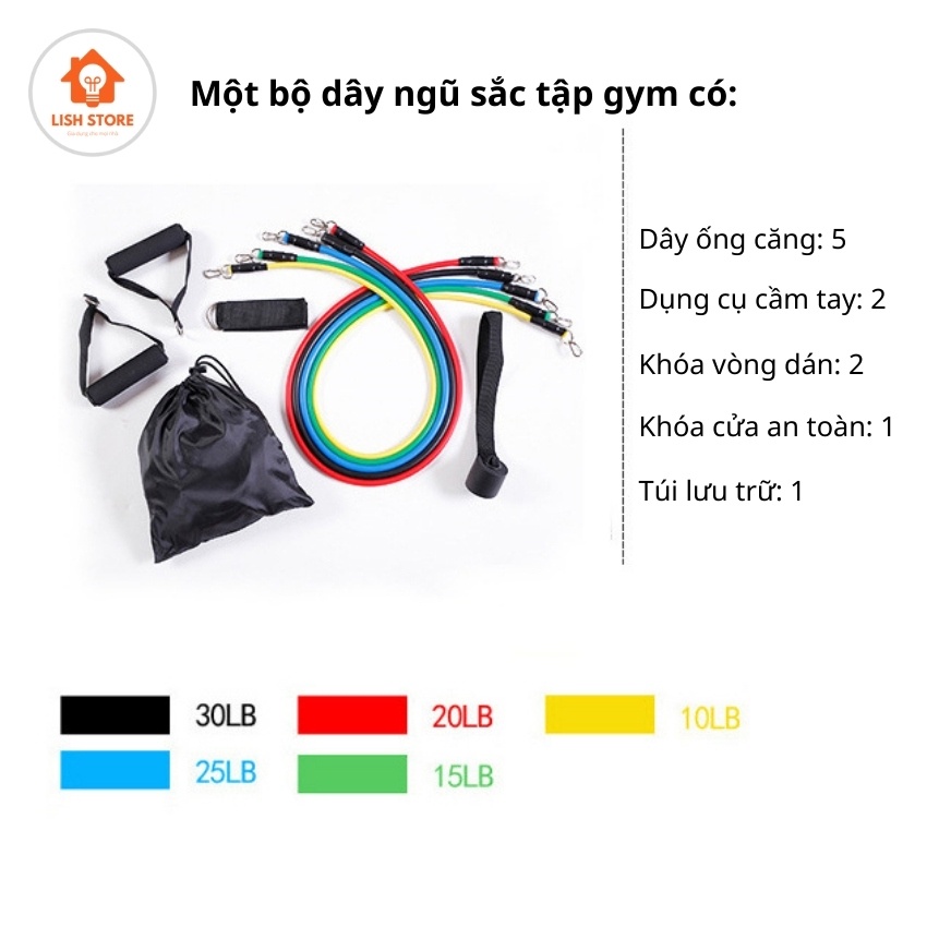 Dây kháng lực ngũ sắc tập gym tại nhà, bộ 5 dây đàn hồi tập body đỉnh cao, hoàn hảo. LISH Store