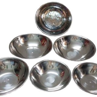 Bộ thau ,rổ inox 6 cái lớn ( 5 thau: 32,34,36,40,45cm và 1 rổ 34 cm)
