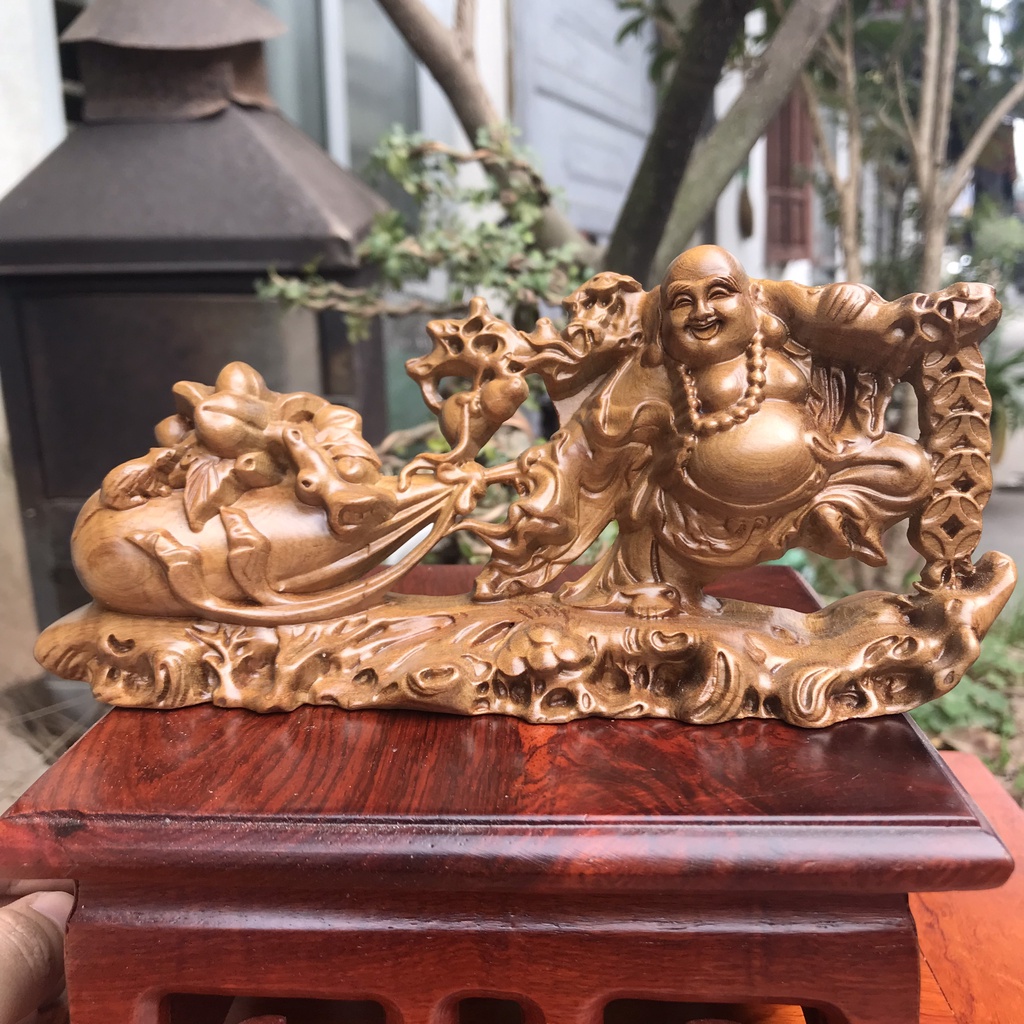 TƯỢNG DI LẠC KÉO BAO TIỀN DÀI 20 CM GỖ NGUYÊN KHỐI- TẶNG VÒNG ĐEO TAY