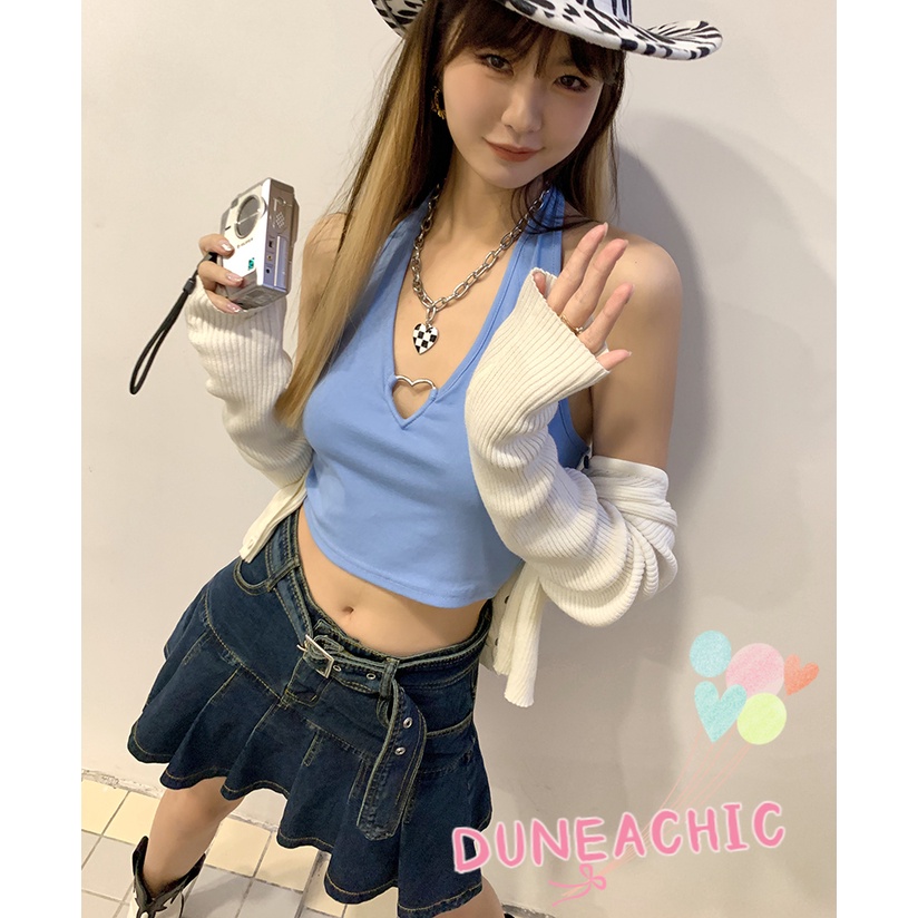 DUNEA Chân váy jean Dáng Chữ A Lưng Cao Xếp Ly Kiểu Retro Gợi Cảm Cho Nữ