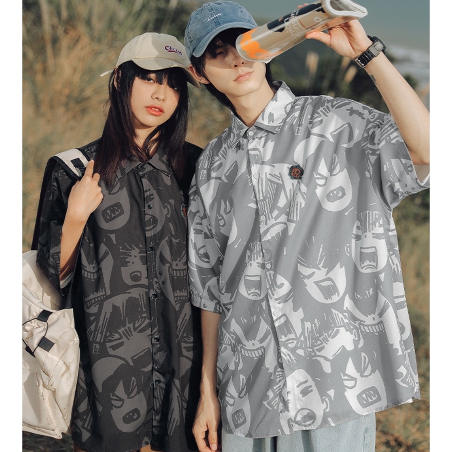Áo sơ mi họa tiết MEANSTORE nam nữ tay lỡ Oversize form rộng ulzzang cổ pizama không nhăn dáng suông - Thêu logo gấu