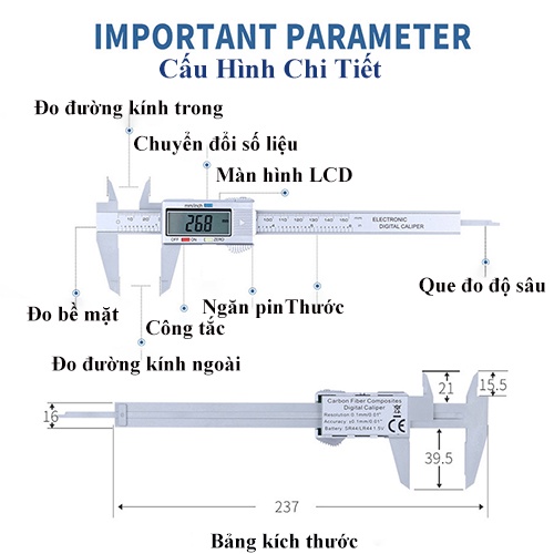 Thước Cặp Điện Tử  Cơ Khí Chính Xác ABG 150mm Đo 2 Hệ Mét/Inch Tặng Kèm Hộp Nhựa Và Pin Bảo Hành 6 Tháng