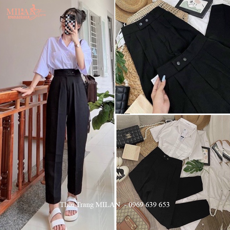 Quần tây nữ đi học lưng cao 2 cúc bấm ống đứng dáng suông dài kiểu quần vải baggy nữ học sinh cấp 3 cạp cao co giãn nhẹ