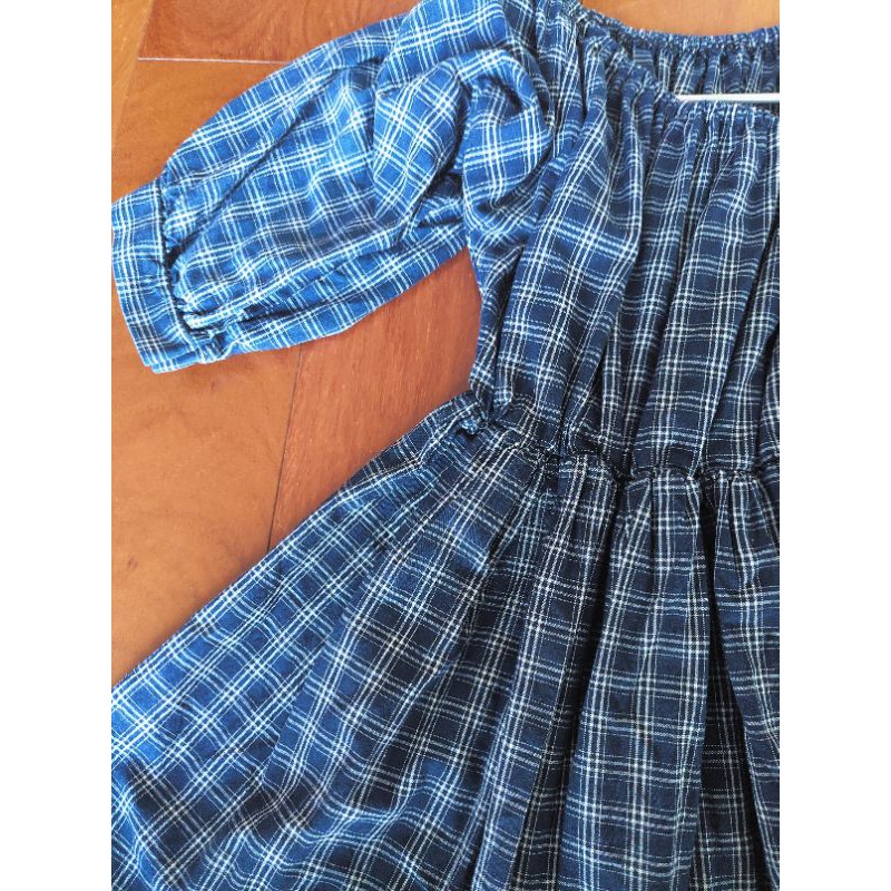 Đầm babydoll trễ vai kẻ ca rô tay bồng tay lỡ dáng xòe gingham vintage ulzzang bigsize