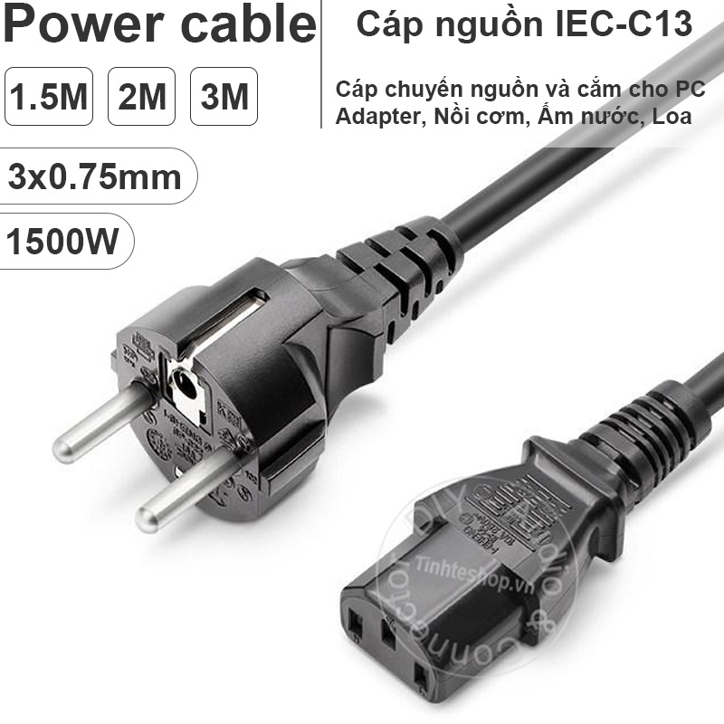 Dây nguồn 3 chấu C13 EU plug 3x0.75mm chịu tải 1500W - Cáp nguồn cho PC Nồi cơm Ấm điện Loa 1M đến 3M