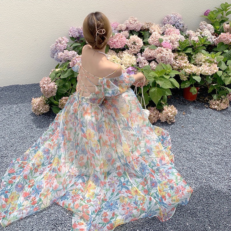 Đầm Dài Trễ Vai Tay Phồng Họa Tiết Hoa Thời Trang Xuân Hè Mới