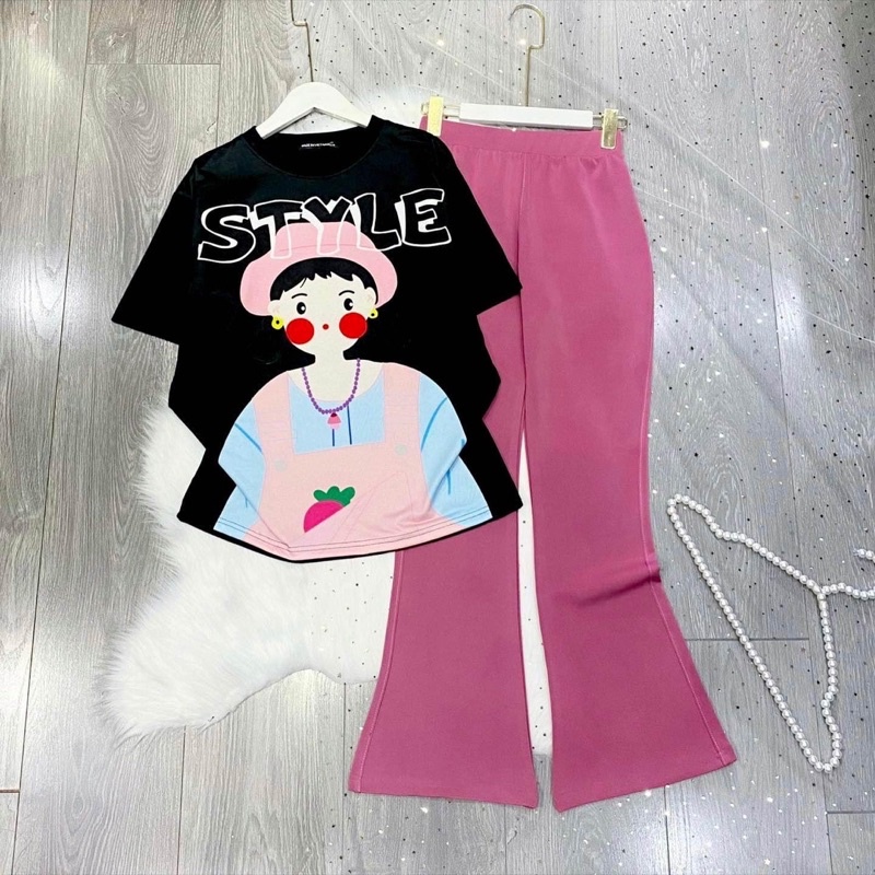 Set Bộ Áo Thun 3D Tay Lở Quần Suông Loe Trơn-Sọc Ảnh Thật