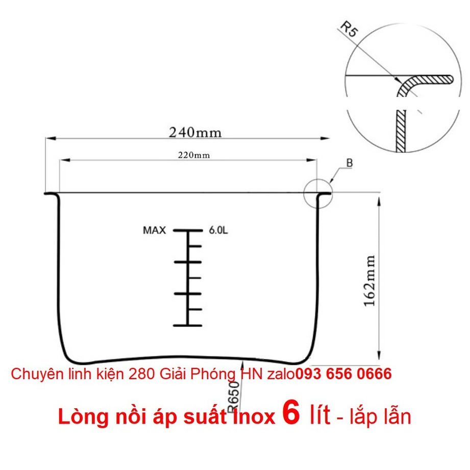 Lòng nồi áp suất điện đa năng bằng Inox các cỡ 5L 6L 4 lít, 5 lít, 6 lít