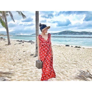 Váy f21 size s newtag,hoạ tiết chấm bi, màu cam, auth, chất vải mịn mát, váy maxi, màu cam- trắng, hoạ tiết chấm bi maux
