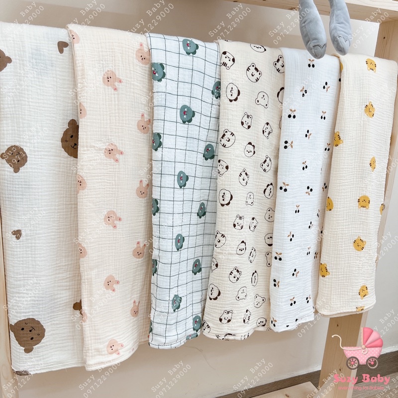 Khăn tắm, chăn xô nhăn mipbi hoạ tiết - 100% COTTON, Suzy baby