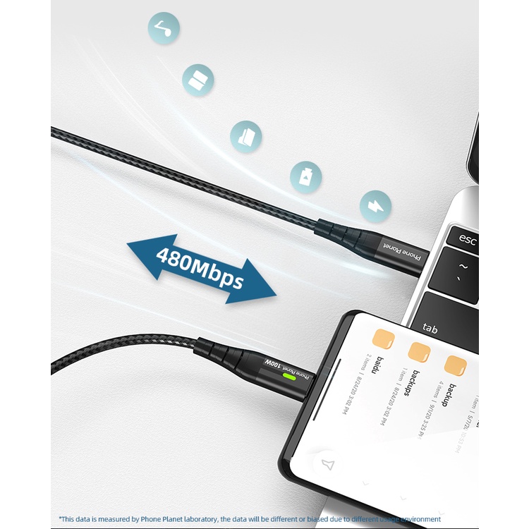 Dây Cáp Sạc Nhanh Phone Planet 100w usb c Sang type c Có Đèn led 2m Cho samsung xiaomi laptop