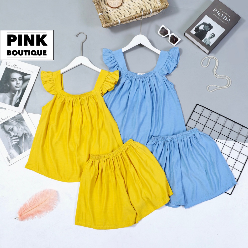 Đồ Bộ Đũi Nữ Mặc Nhà Ngủ Mùa Hè Hai Dây Cánh Tiên Dễ Thương Quần Short PINK BOUTIQUE Cánh Tiên