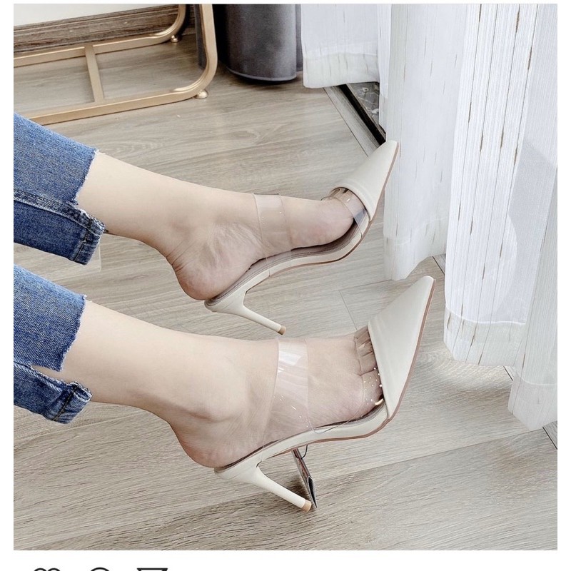 Giày sục cao gót 7cm zaza quai trong mũi nhọn màu trắng