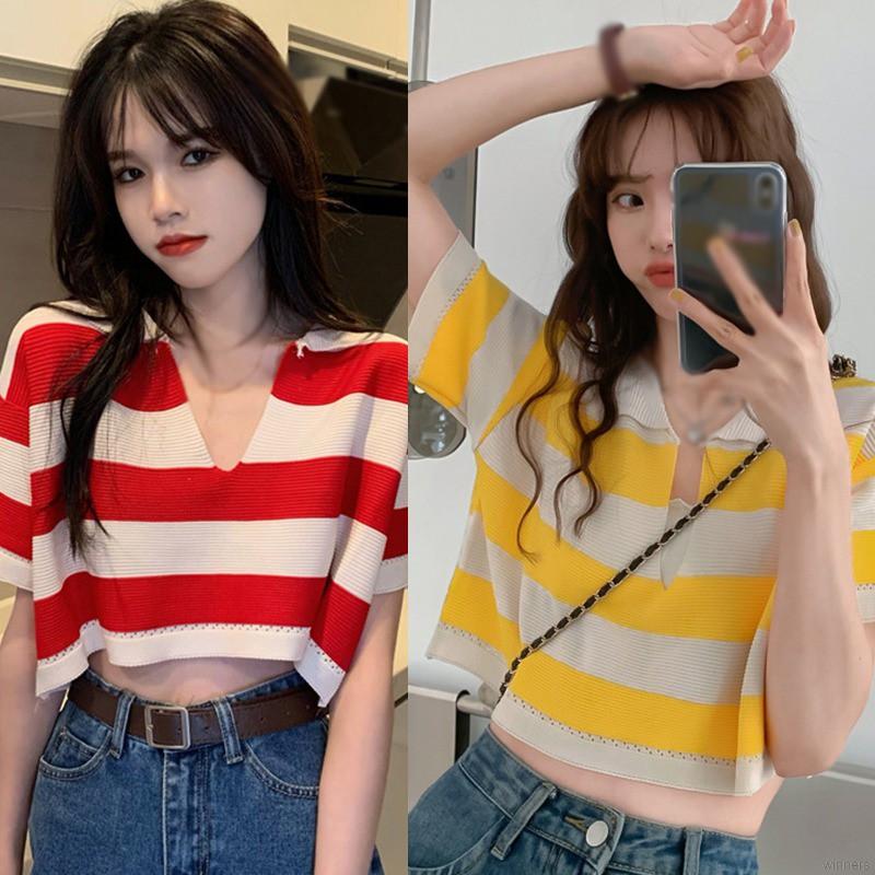 Áo Croptop Tay Ngắn Cổ Chữ V Hoạ Tiết Kẻ Sọc Nhiều Màu Sắc | BigBuy360 - bigbuy360.vn