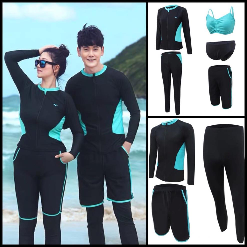 Bộ đồ bơi bikini tay dài đôi nam nữ đen lườn xanh 5 mảnh quần lửng siêu xịn Đẹp