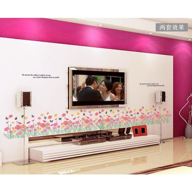 Decal trang trí chân tường Hoa Dại nhiều màu cùng bướm