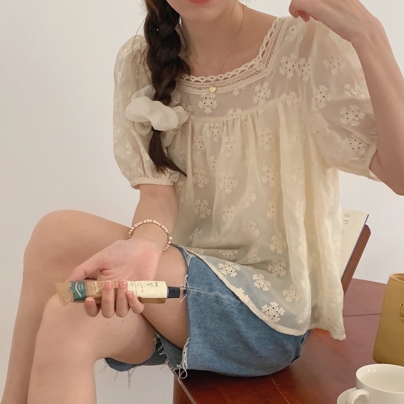 Áo Chiffon Cổ Vuông Tay Ngắn Phối Ren Thêu Họa Tiết Tinh Tế Phong Cách Hàn Quốc Thời Trang Mới 52705