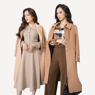 Áo dạ lông cừu Be dáng dài, cổ K đính cúc trang trí Toson 96079E31
