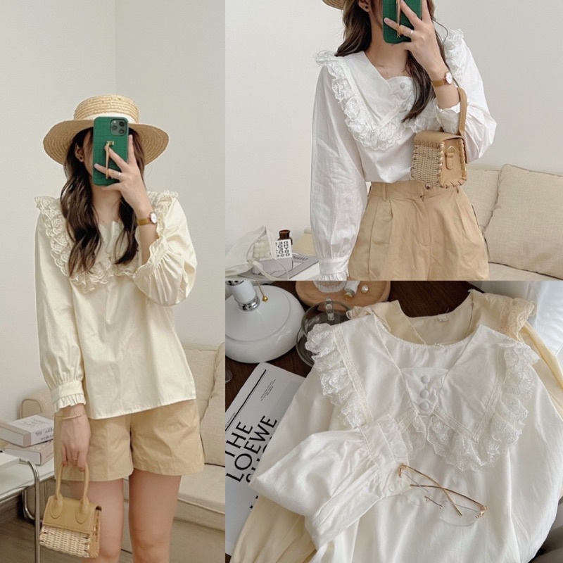 Áo sơ mi viền ren cúc bọc 403