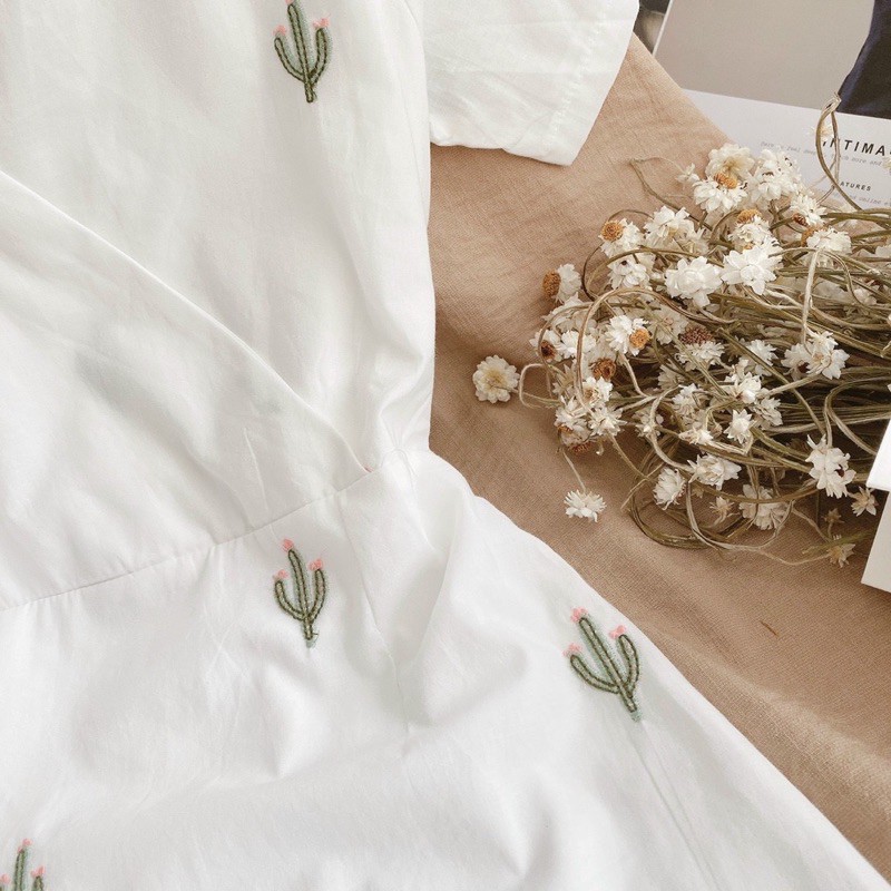 Đầm thêu xương rồng trắng cổ V, đầm trễ vai, đầm 2 dây midi xoè (thêm đen, vàng) | BigBuy360 - bigbuy360.vn