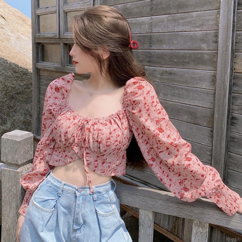 Áo Crop Top Vải Chiffon Cổ Vuông Tay Dài In Hoa Quyến Rũ Dành Cho Nữ