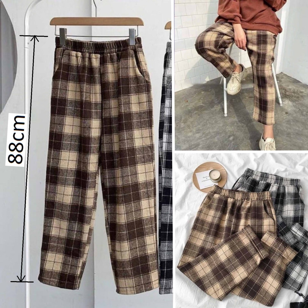 Q002 Quần ống rộng thô đũi caro cạp chun lưng cao cute, quần culottes ống suông dài karo vintage retro unisex Hàn Quốc