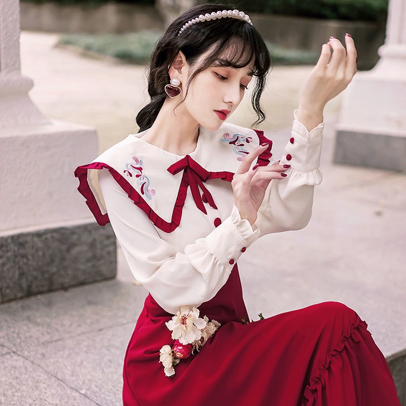 Đầm Midi Giả Hai Mảnh Cổ Búp Bê Thêu Họa Tiết Nghệ Thuật Phong Cách Pháp Cổ Điển Mùa Thu Kiểu Mới 202