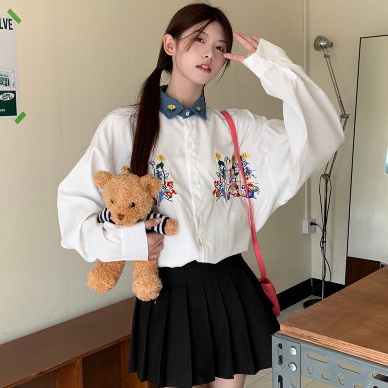 Áo Sơ Mi Dài Tay Thêu Hoa Cúc Dại Thời Trang Mùa Thu Giản Dị Mới Dành Cho Nữ