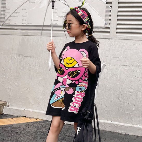 Đầm Thun Ngắn Tay In Họa Tiết Hoạt Hình Dễ Thương Dành Cho Bé Gái