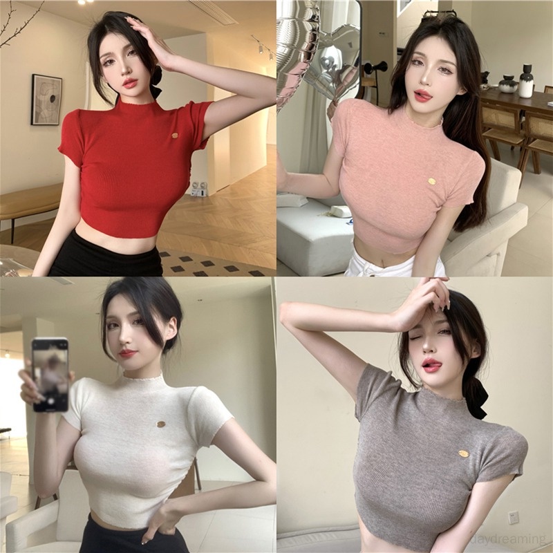 Áo Thun Baby Tee Nữ Tay Ngắn Áo Croptop Dệt Kim Cổ Tròn Màu Sắc Đơn Giản Cho Nữ