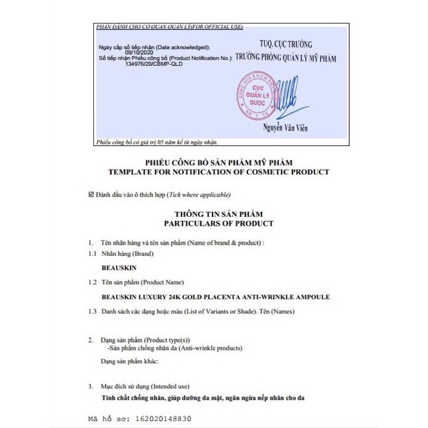 Serum tinh chất, chống nhăn, giúp căng cơ mặt 24K BEAUSKIN LUXURY GOLD PLACENTA Hàn quốc 30ml