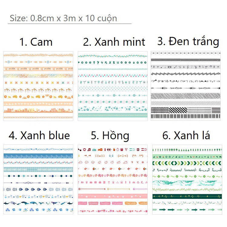 Set 10 cuộn washi tape trang trí scrapbook, sổ planner WST115