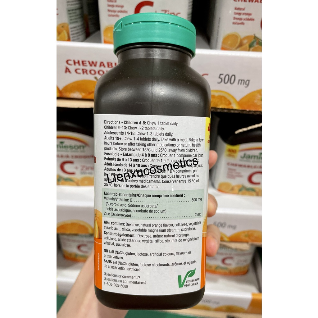 Viên nén nhai Vitamin C &Zinc 500mg Jamieson 400 viên; hsd 2025
