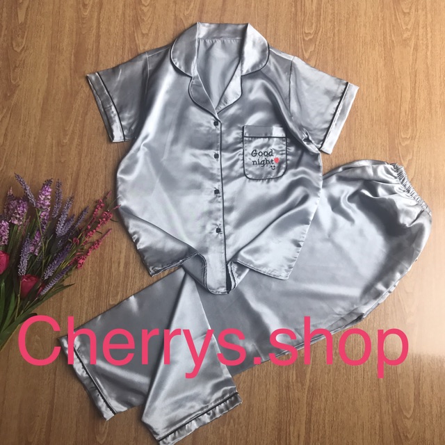 Đồ bộ pijama 60 kg trở xuống  phi lụa tay ngắn quần dài thêu chử goodnight