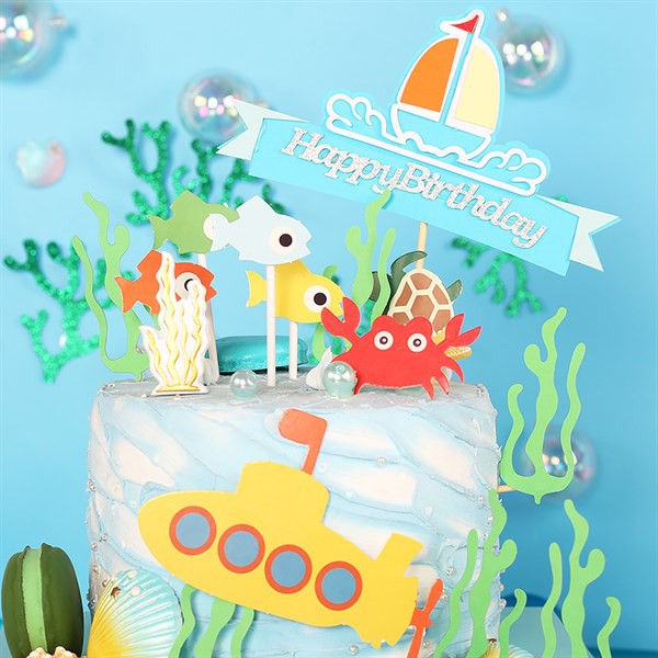 Phụ kiện trang trí bánh sinh nhật_Set que cắm tàu ngầm + cua cá