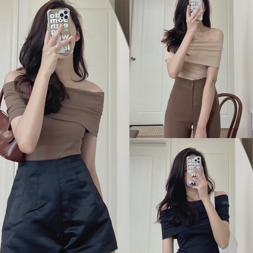 Áo len nữ trễ vai kiểu hàn quốc GOROGI, áo len tăm cao cấp mỏng dài tay sweater thiết kế
