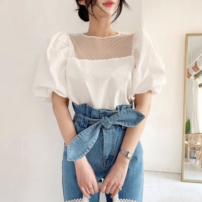 Áo Nữ Tay Ngắn Họa Tiết Chấm Bi Thời Trang Hàn Quốc