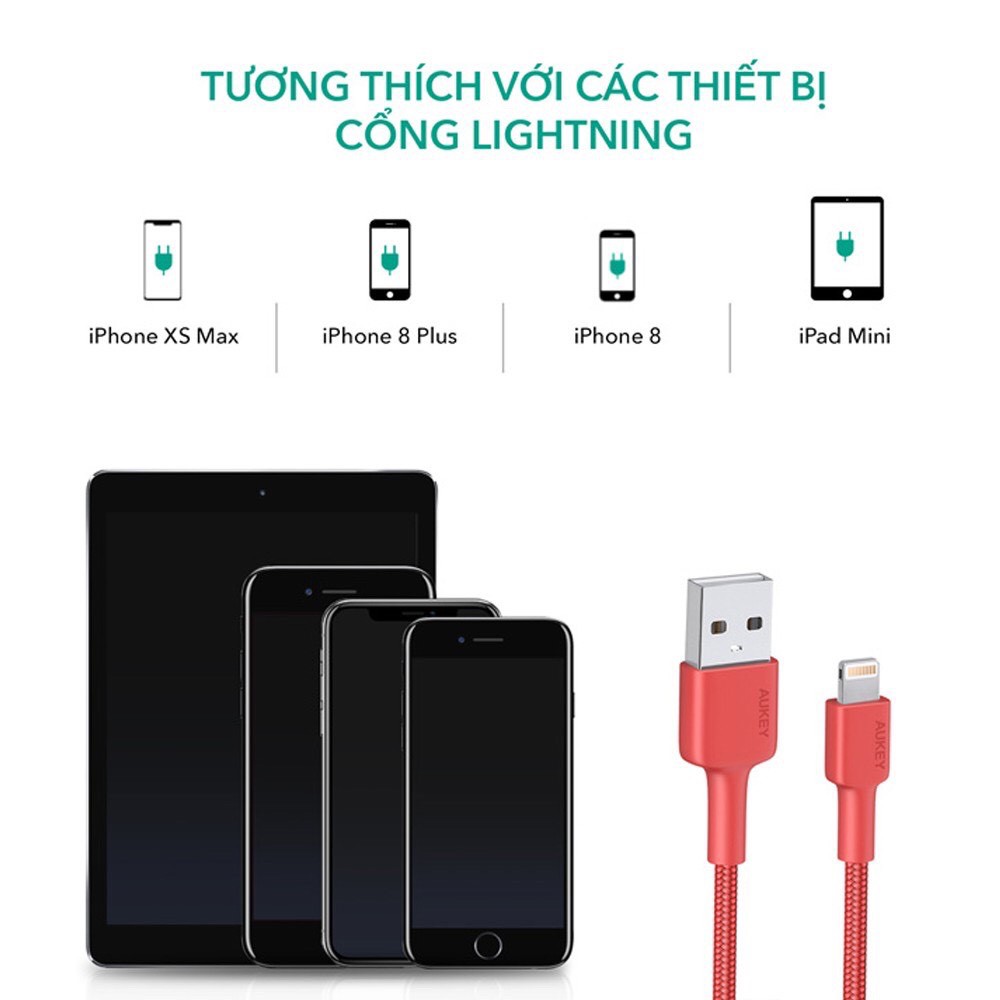 Cáp Sạc Lightning Aukey CB-BAL1 Siêu Bền Chống Rối Toàn Diện Dài 1,2 Mét Chuẩn Mfi - Hàng Chính Hãng