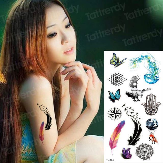 Hình xăm tatoo size vừa nhiều mẫu tl184, lông vũ, hoa văn cổ, sứa, bướm