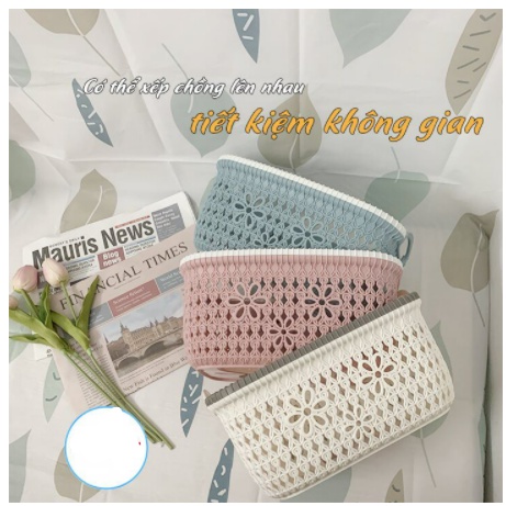 Rổ nhựa giả đan mây có quai cầm Việt Nhật, giỏ hoa 2 size màu pastel xinh xắn (MS: 3377)