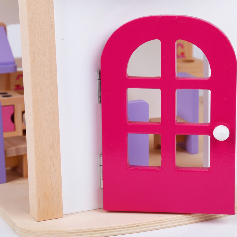 Ngôi Nhà Búp Bê Bằng Gỗ Màu Hồng Doll house - có kèm bàn ghế giường tủ đầy đủ như ảnh